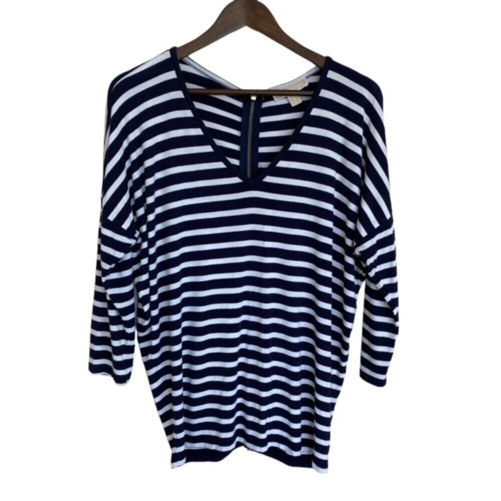 Michael Kors Navy and White Striped V-Neck Top - Medium